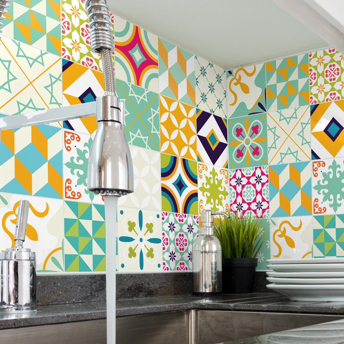 Ambiance Sticker Muurstickers - Zelfklevende tegelmuurstickers voor keuken en badkamer - AZULEJOS CORNELIA - 24 stickers 20x20cm Multi color