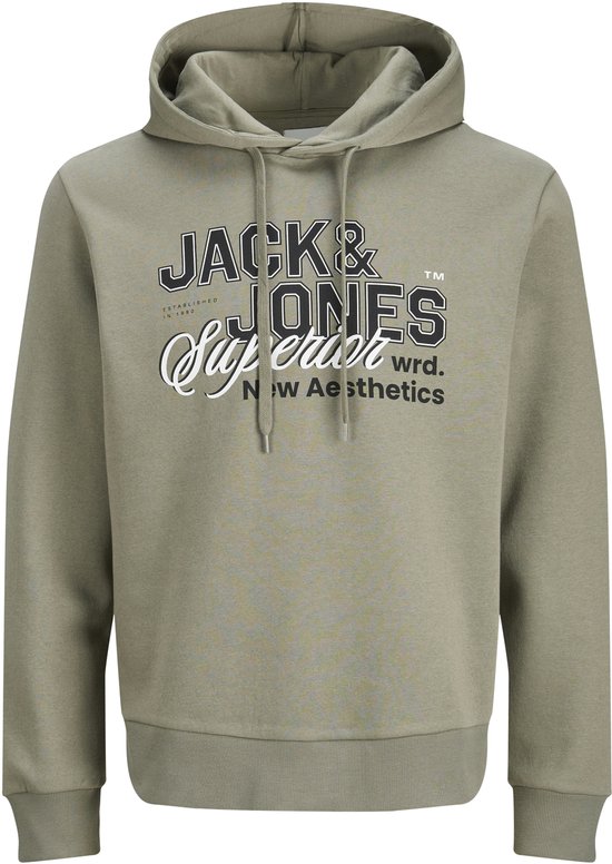 Sweat à capuche vert clair avec inscription "JACK & JONES Superior New Aesthetics", capuche et cordons de serrage.