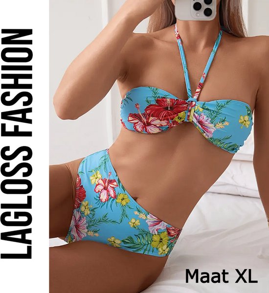 Set de bain 2 pièces LaGloss® Fleurs tropicales Blauw – Taille XL – Maillot de bain Trendy pour femme
