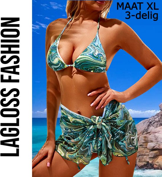 Set bikini 3 pièces LaGloss® imprimé Ocean vert avec Rok taille XL - Maillots de bain et Cover-up Trendy pour femmes