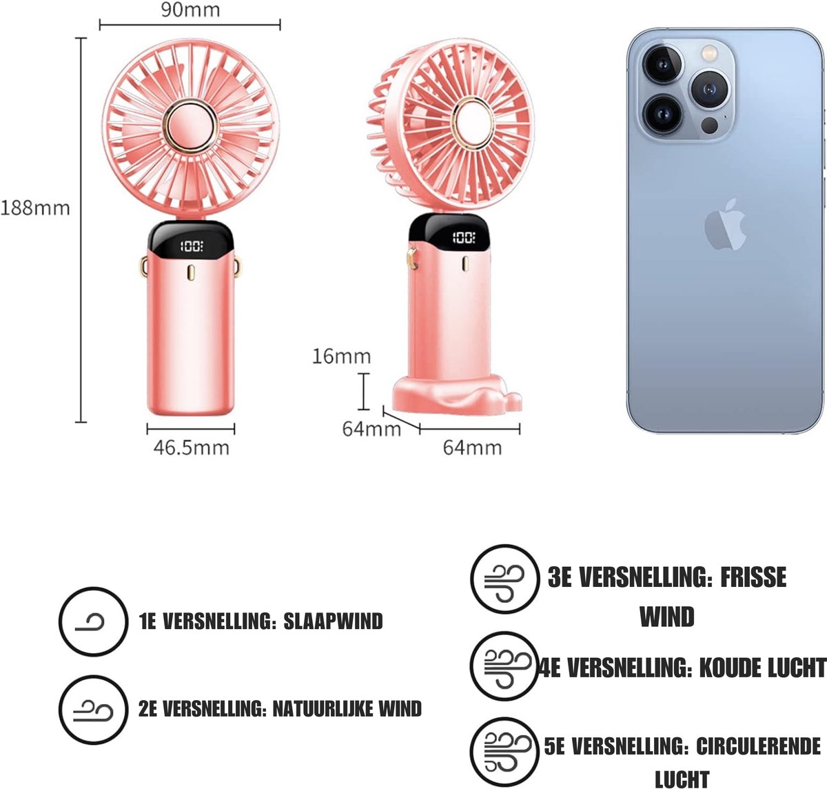 Draagbare Handventilator - Opvouwbaar - LED-Display - Compact Design - Krachtige Koeling - Roze