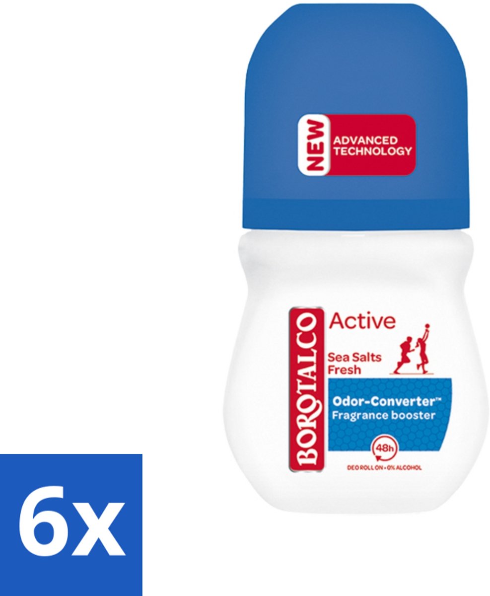 Borotalco - Deodorant Roller - Active - Sea Salts Fresh - 0% Alcohol - 50 ml - Voordeelverpakking - 6 stuks