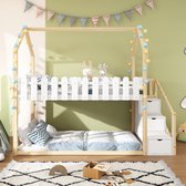Kinderbed, 90*200, stapelbed, met 3 treden, met 3 opbergvakken, met hekdecor, massief hout, zonder matras