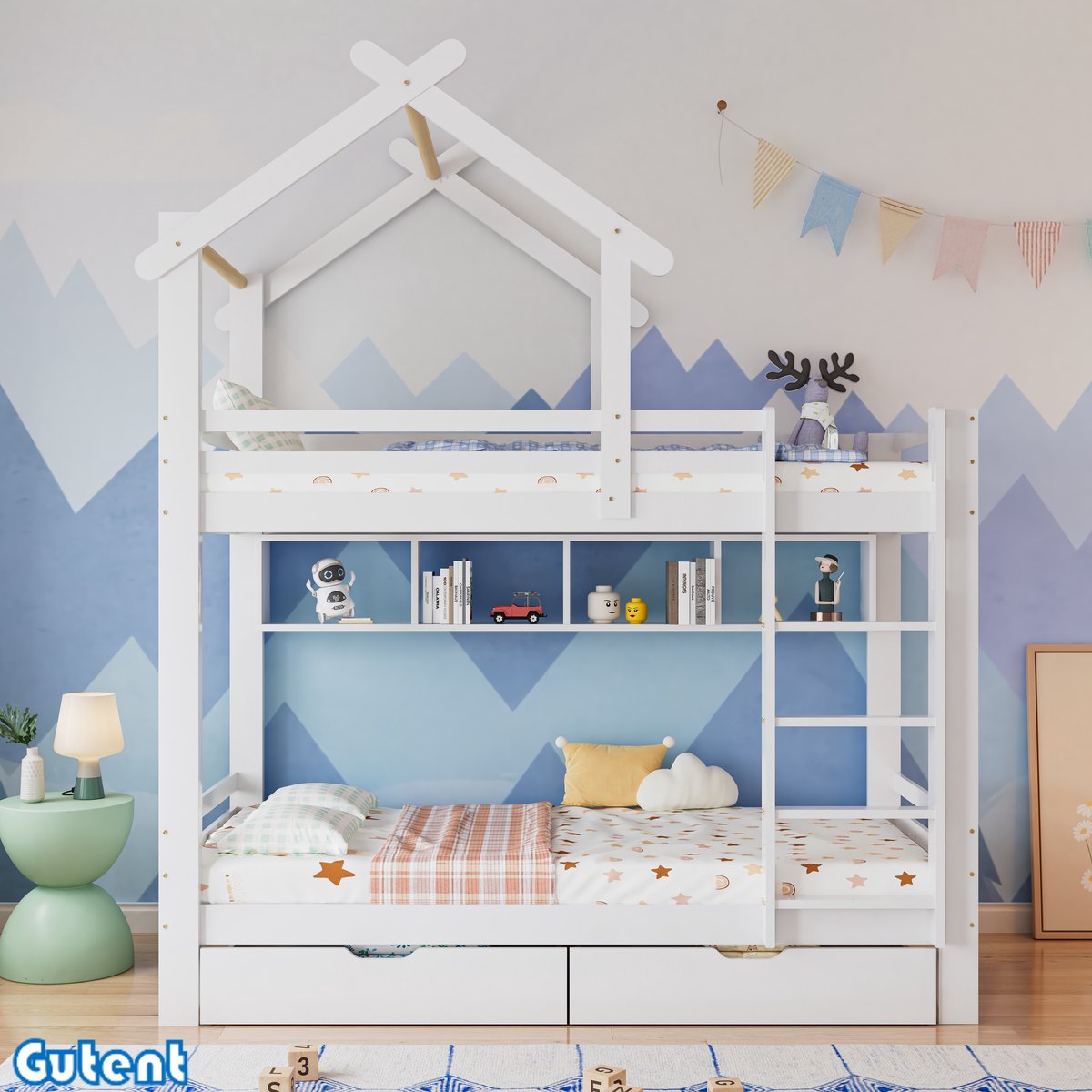 Gutent Kinderstapelbed - met laden en legplanken - met driestaps haakse ladder - met relingen - grenen frame - Wit - 90x200 cm - Geen matras