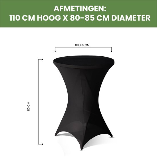 Zwarte statafelrok met afmetingen 110 cm hoog x 80-85 cm diameter, met een strakke pasvorm.