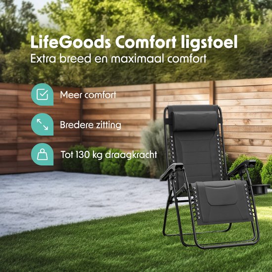 LifeGoods Ligstoel Comfort - Opvouwbaar - 30°-90° Verstelbaar - Beker en Telefoonhouder - Tuinstoel - Zwart van LifeGoods — afbeelding 2