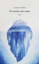 Boek kaft met een aquarel van een ijsberg in blauwtinten, met de titel 'De wetten van water' door Cynan Jones.