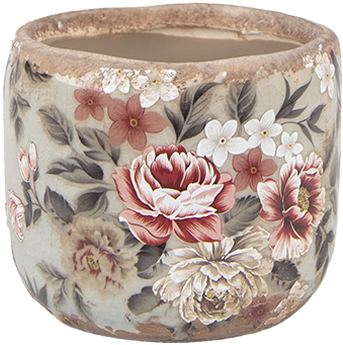 Keramiek Bloempot voor Binnen – Roze Bloemen – Rustieke Pot – Ø 8 cm – Bloemenmotief
