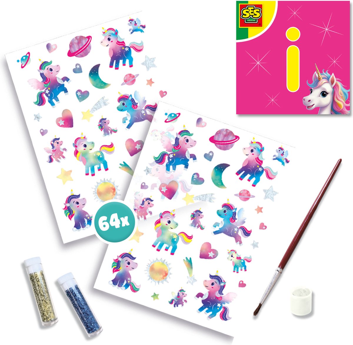 SES Creative Unicorn Tattoos en Glitters - 64 Eenhoornmotieven - Voor Meisjes vanaf 5 Jaar - Tattoos Kinderen - Eenvoudig Verwijderbaar - Schoencadeautjes Sinterklaas — cadeau in Hobby - foto 2