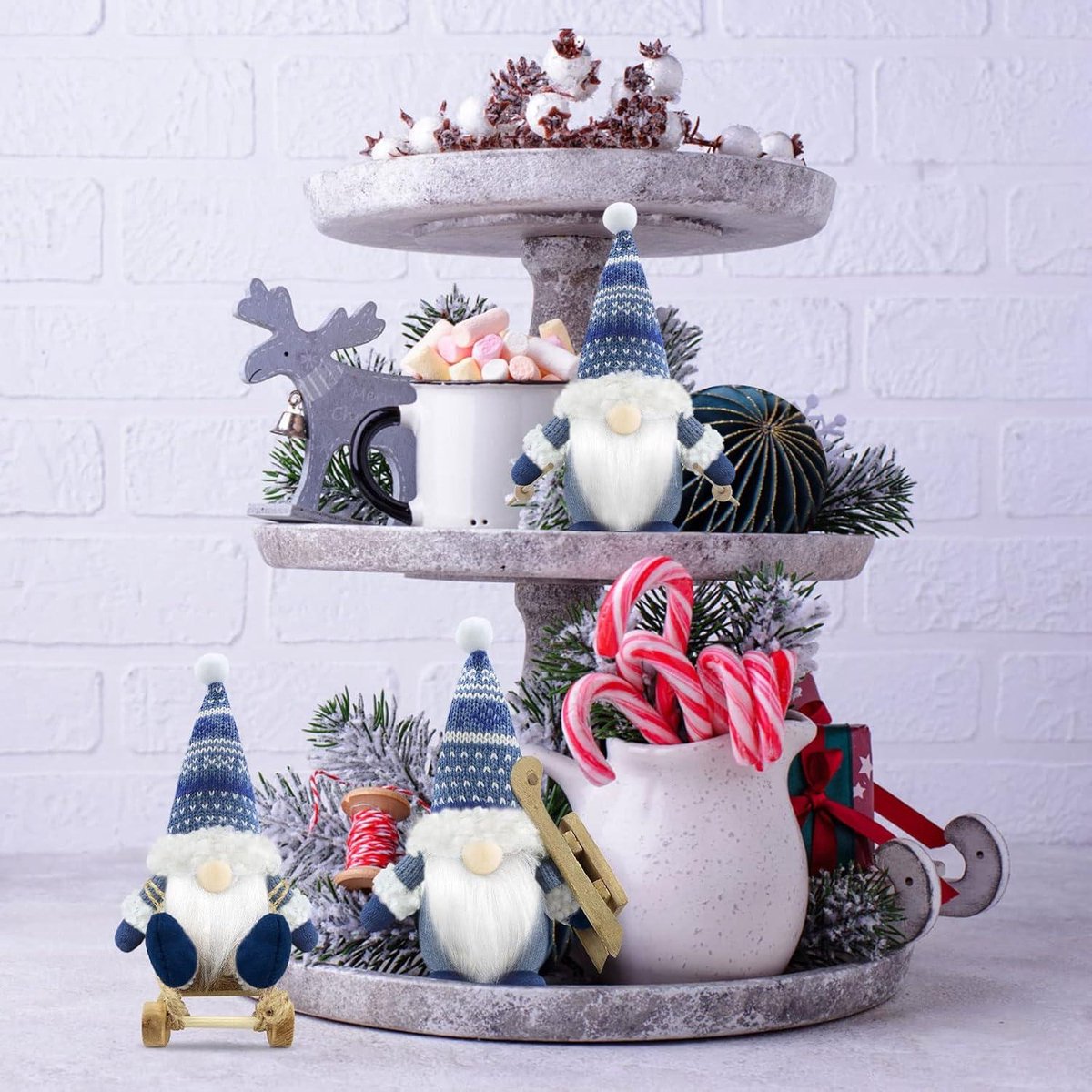 Gehydy Set van 3 kerstkabouters decoraties geschenk handgemaakte slee kabouter pluche gevulde kerstdecoratie voor thuis keuken boerderij gelaagd dienblad - grijs