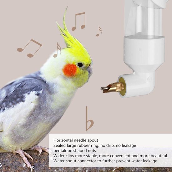 Waterdispenser voor vogels, 300 ml, kunststof, automatische papegaaien, voederdispenser, drinkfles voor parkieten en valkparkieten, wit