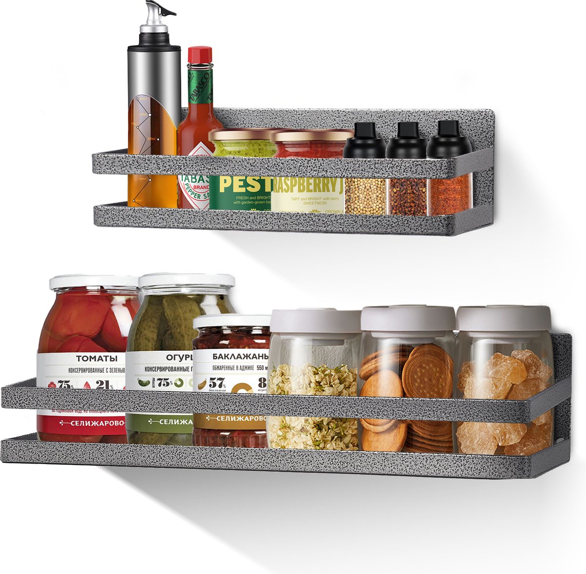 Uten Kruidenrek Magnetisch Ophangbaar - Kruiden Organizer - 2 Keukenrekken - Spice Rack - 2 Planken (L x B) 30 x 10.5 | 40 x 11.5 cm - Zwart coating met Zilverkleurige adertjes (4 Kleuren)