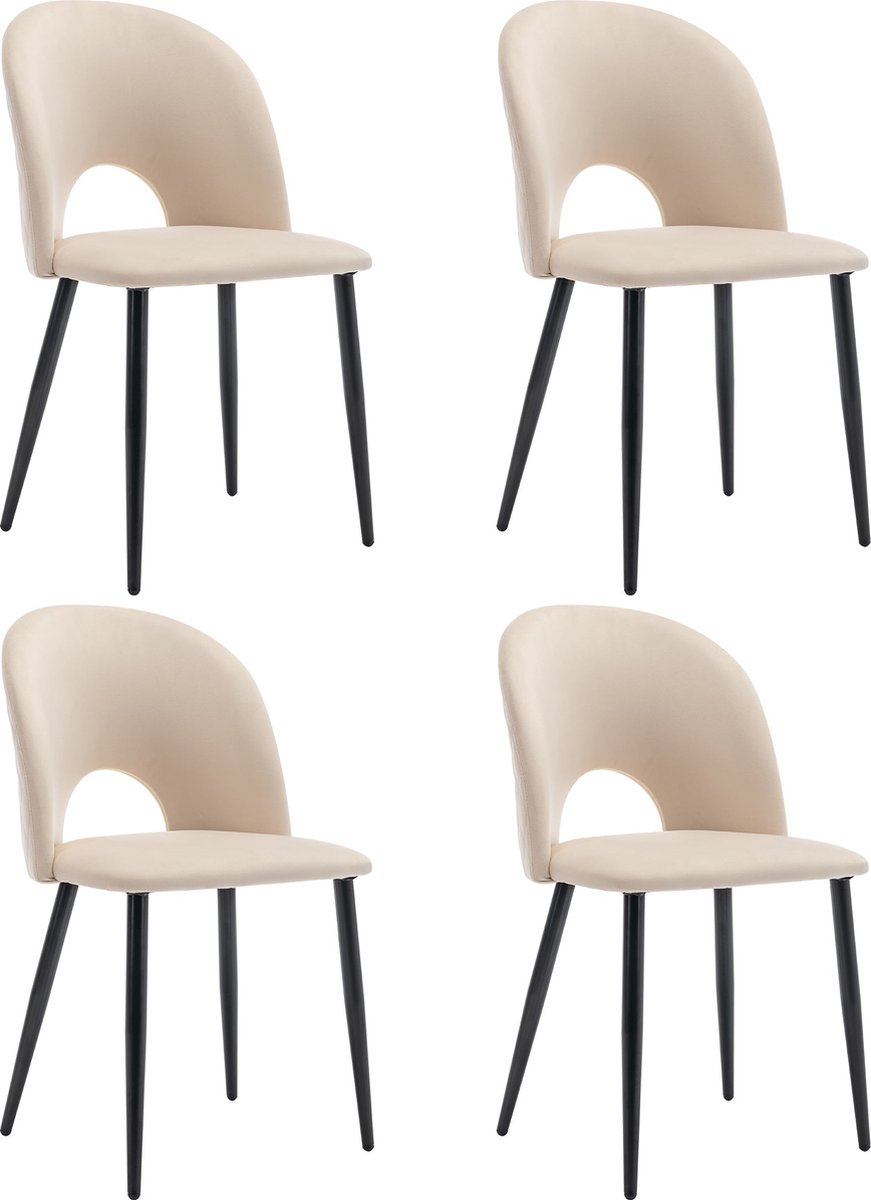 Merax Eetkamerstoelen Set van 4 – Luxe Velvet Beige met Zwarte Metalen Poten