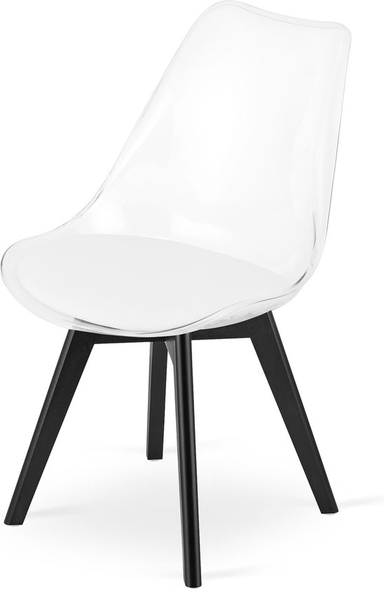 Chaise MARK - Transparent, Pieds en bois de hêtre noir, assise en plastique avec coussin en simili cuir, Design élégant, ergonomique, convient pour Cuisine, salle à manger, cantine et espace de travail, max. 120 kg