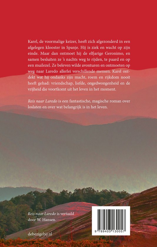 Boek "Reis naar Laredo" met tekst over de inhoud en een afbeelding van een landschap met eenbarcode.