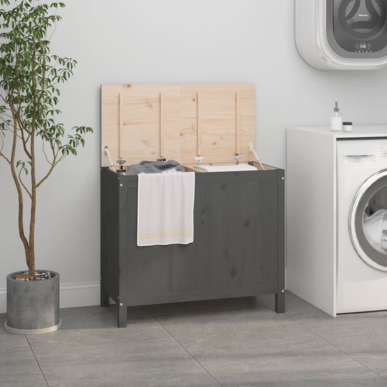 Wasbak MCW-B60, Wasbox wasmand, massief hout 2 vakken 60x60x33cm 68l ~ bruin, deksel crème Wasbak MCW-B60, Wasbox wasmand, massief hout 2 vakken 60x60x33cm 68l ~ bruin, deksel crème