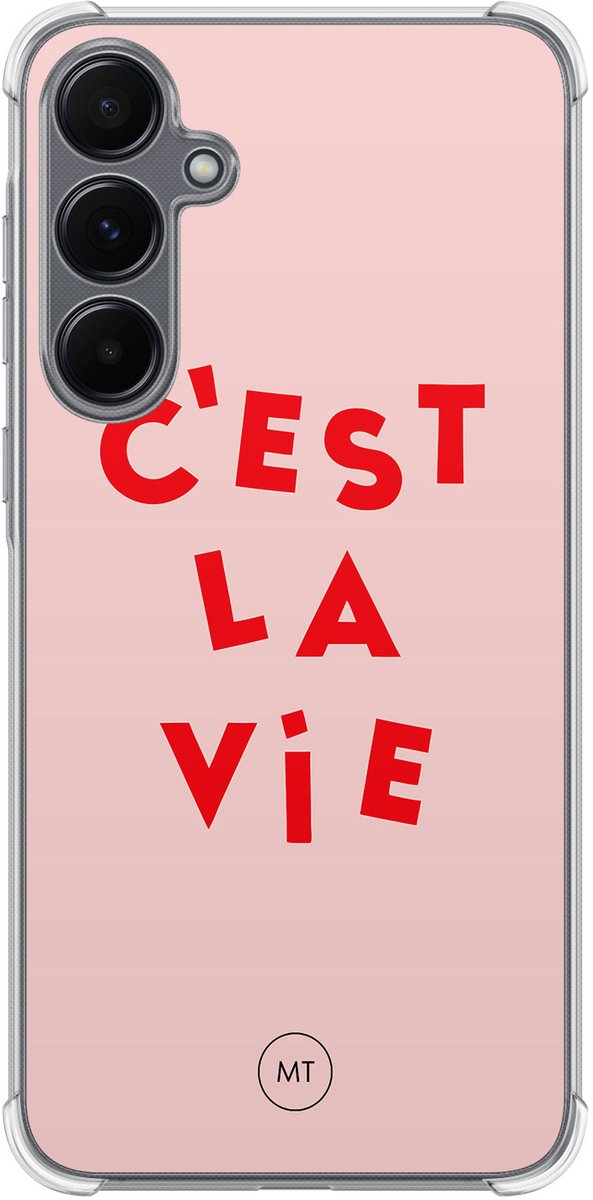 Hoesje (shockproof) geschikt voor Samsung Galaxy A55 - C'est la vie - Extra sterke case - TPU/polycarbonaat - Tekst - Roze, Transparant