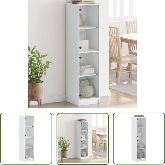 The Living Store Meuble haut avec portes vitrées 35x37x142 cm blanc - Meuble Trendy - Meuble haut - Meuble en bois - Vitrine - Meuble de rangement