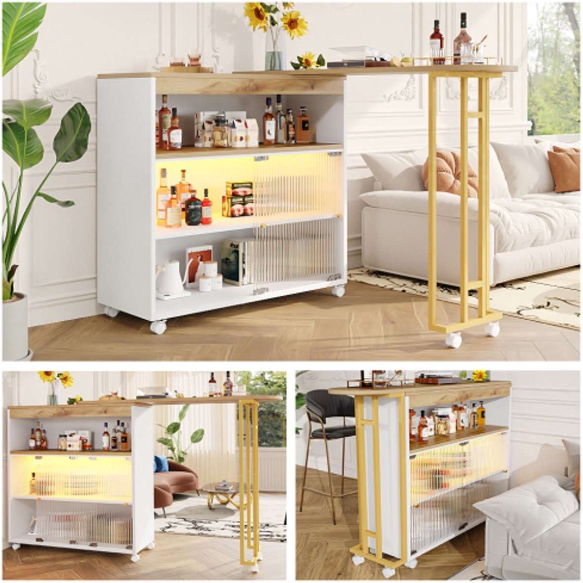 Uitschuifbare Bartafel met Opbergruimte - Moderne Verplaatsbare Bartafel - Telescopische Bartafel met LED - Bartafel - Bistrotafel - Hoge Tafel - Kookeiland - Bistrotafel - (138-204×39×105cm) - Wit & Goud
