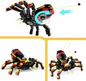 Drie afbeeldingen van een LEGO spin: bovenaf, zijaanzicht en achterkant met pijlen die beweging aangeven.