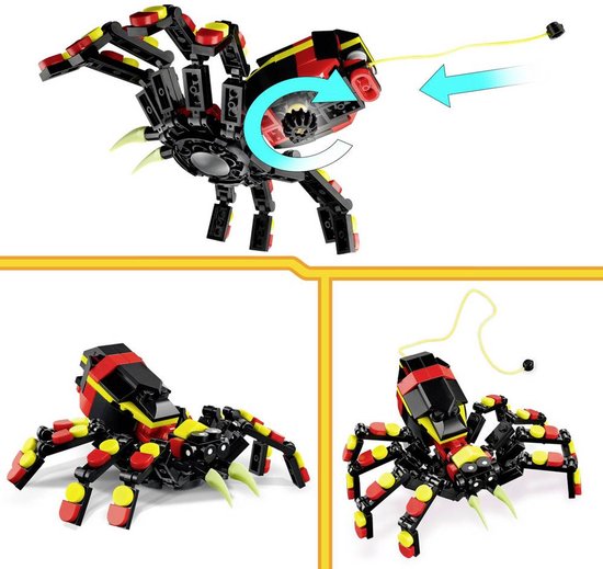Drie afbeeldingen van een LEGO spin: bovenaf, zijaanzicht en achterkant met pijlen die beweging aangeven.