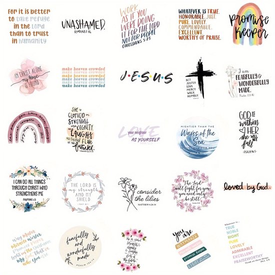 Diverse christelijke stickers met Bijbelteksten, waaronder 'Promise Keeper' en 'God is Within Her'.