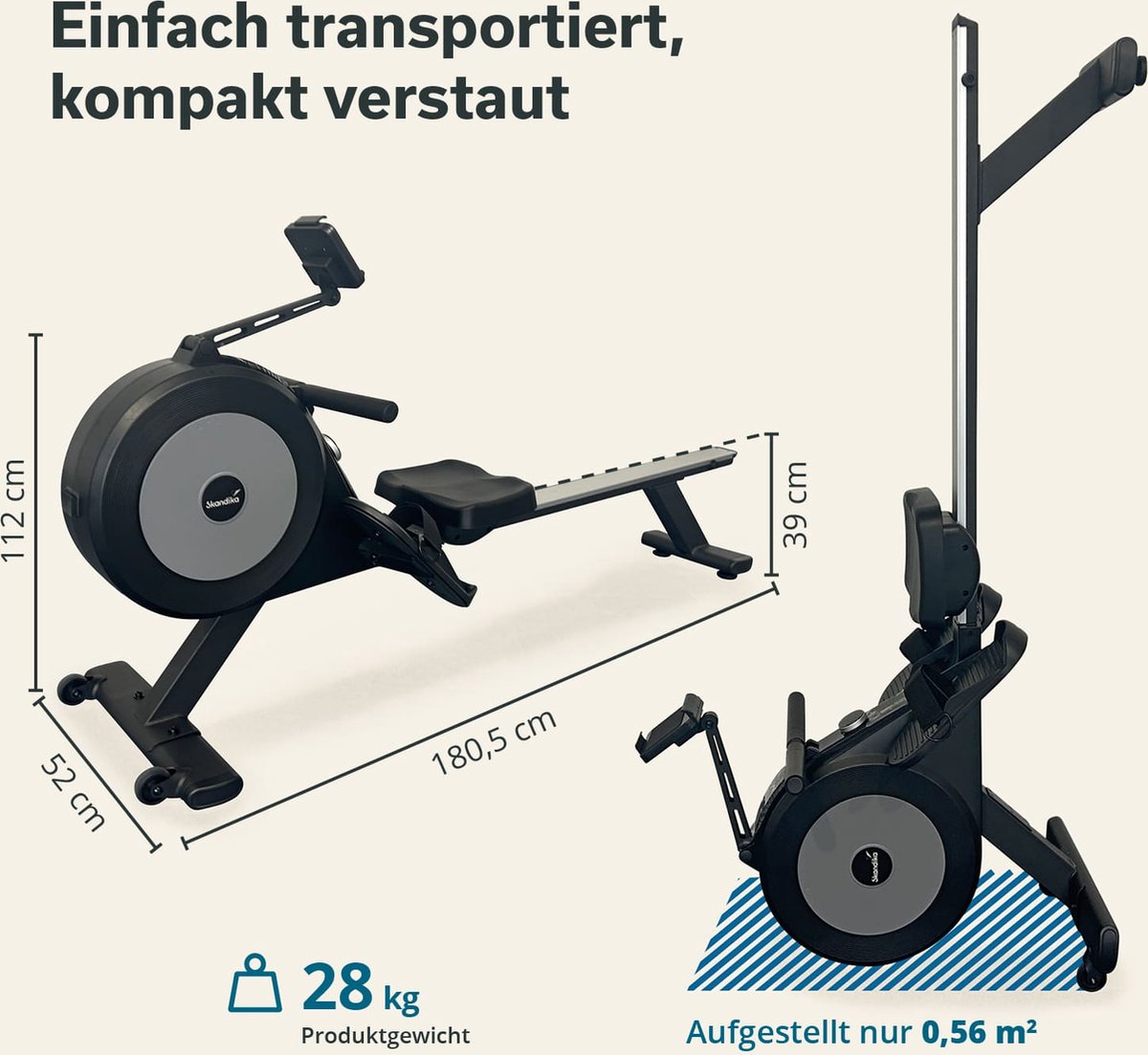 Afbeelding 2 van Skandika zelfgenererende roeimachine Njord P6-G | 32 elektrische weerstandsniveaus, tot 200 cm en 135 kg, compatibel met Kinomap-app, roeimachine voor thuis