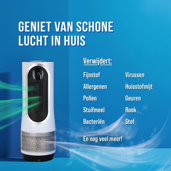 Witte luchtreiniger met groene luchtstroom die aangeeft dat hij stof, allergenen, pollen, huisstofmijt, bacteriën, virussen, geuren, rook en stof verwijdert.