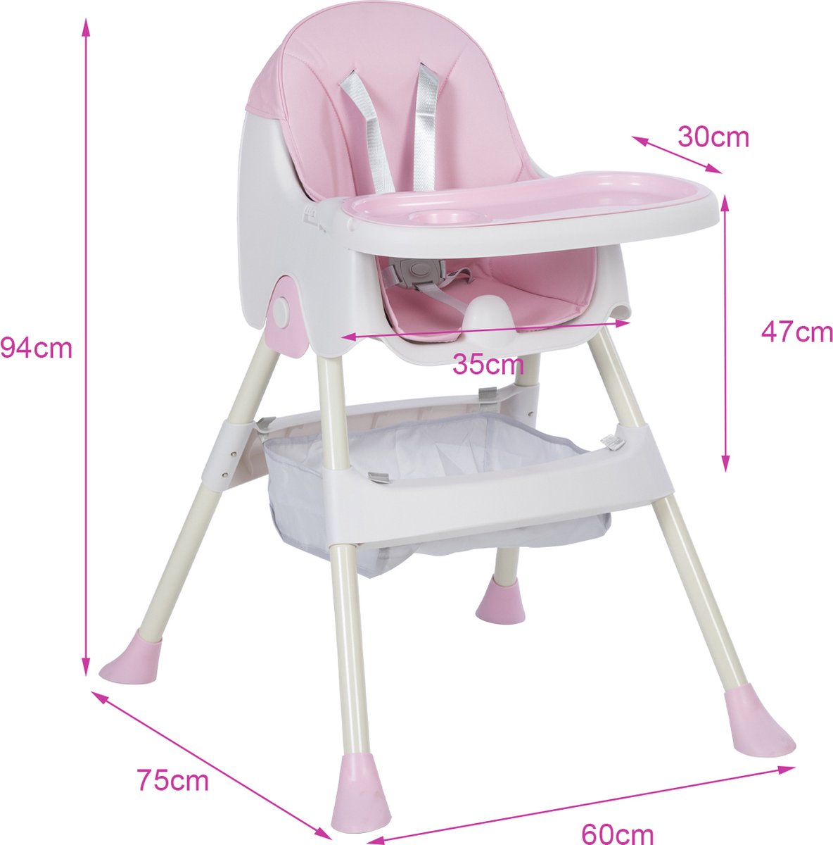 OFMOTRA Kinderstoel 3 in 1 - Inklapbare Eetstoel - Kinderzetel - met opbergmand - Verstelbaar Baby Stoel - Peuterstoel - 5-punts Gordel - Uitneembaar lederen kussen - Meegroei Stoel - Roze – foto 2