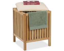 wasmand met zitje - 30 l - hout en stof - 51 x 38 x 38 cm - badkamerkruk