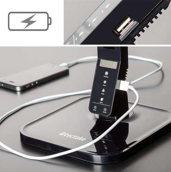 tectake® LED Bureaulamp - 14W - USB-Aansluiting voor Opladen van Tablets en Smartphones - Dimbaar - Timerfunctie - 4 Modusinstellingen - Zwart — afbeelding 2