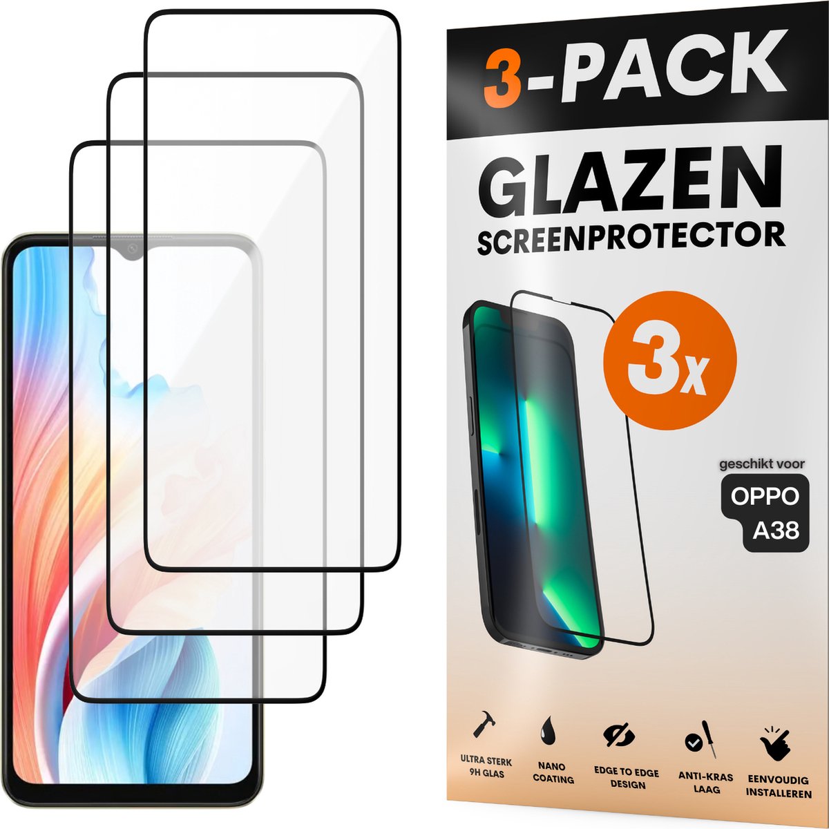 Screenprotector - Geschikt voor OPPO A38 - Gehard Glas - Full Cover Tempered Glass - Case Friendly - 3 Pack