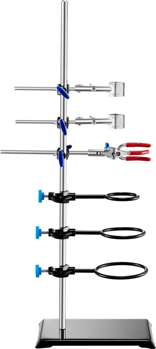 VEVOR Laboratoriumstandaardondersteuning, Laboratoriumretortondersteuningsstandaard 1 Set, Stalen Laboratoriumstandaard met 60 Cm Staaf En 210,82 X 135 Mm Gietijzeren Basis, Inclusief Zuigerklemmen, Buretklemmen En Kruisklemmen