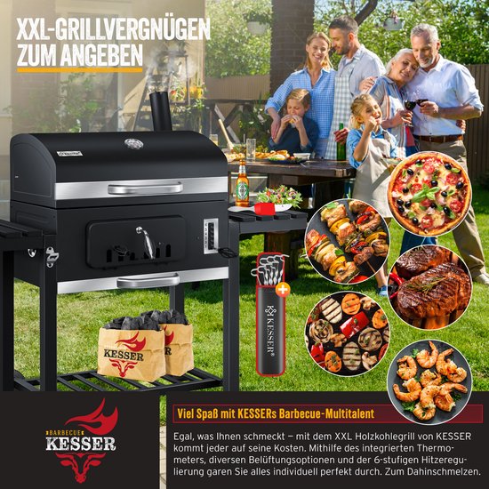 KESSER® Houtskoolbarbecue XXL Barbeque Houtskool met Deksel, Wielen, Roestvrij Stalen Handvat, Barbecuerooster en Thermometer, 8 Spiesen met Zakje & siliconen Borstel, grote BBQ Camping Terras Tuin van KESSER — afbeelding 3