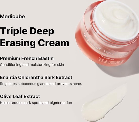 Medicube Triple Deep Erasing Cream pot met witte crème, met Franse elastine en olijfblad extract voor de huid.