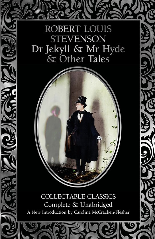Couverture du livre 'Dr Jekyll & Mr Hyde & Other Tales' avec au centre un ovale montrant un homme en chapeau haut-de-forme et cape, avec son ombre à côté.