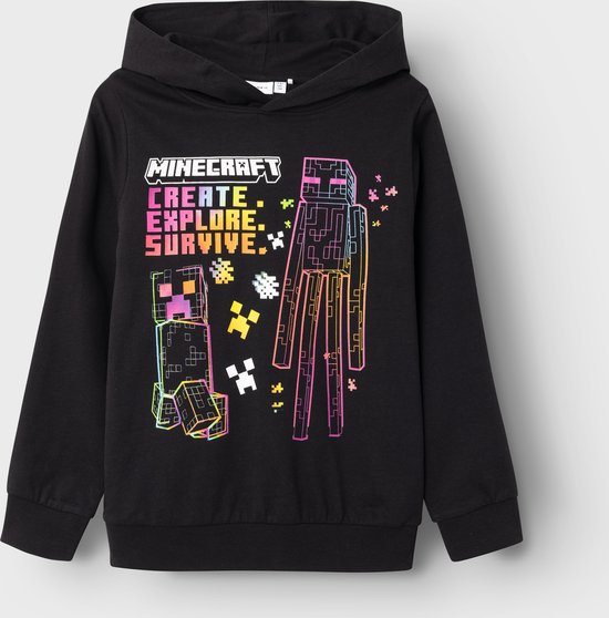 Zwarte hoodie met Minecraft print: Creëer, Ontdek, Overleef. Met Creeper en Enderman figuren.
