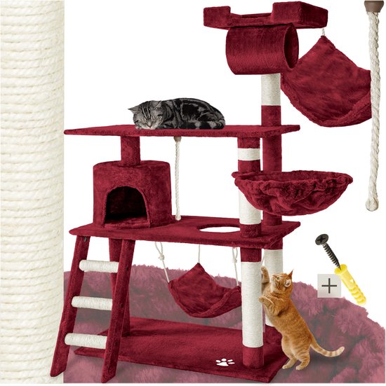 Bordeauxrode kattenkrabpaal met twee katten, een hangmat en een klimtouw.