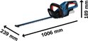 Bosch Professional accu heggenschaar met blauwe en zwarte behuizing, rode handgreep. Afmetingen: 1006 x 239 x 189 mm.
