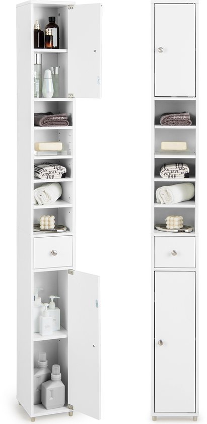COSTWAY Badkamerkast hoog kast smal, Opbergkast met 2 deuren, 1 lade en verstelbare planken, ruimtebesparend badkamerrek voor badkamer, woonkamer, keuken, 20 x 20 x 180 cm