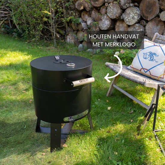 HEAT Houtskool Barbecue - Compacte Draagbare BBQ met Thermometer en Luchtregulatie - Zwart Staal - Inclusief Houten Handvat met Merklogo en Stalen Grillrooster - Ideaal voor Camping, Tuinfeesten en Picknicks - 40x40x57 cm van HEAT — afbeelding 3