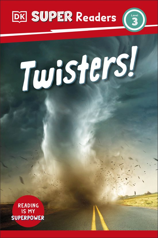 DK Super Readers Level 3 Twisters! boek met een donkere, wervelende tornado boven een weg.