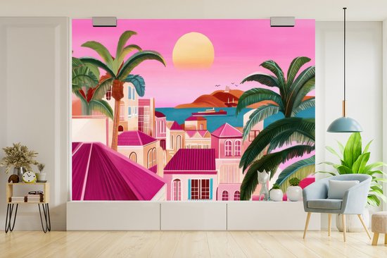 Behang - Fotobehang Stad - Roze - Palmbomen - Breedte 320 cm x hoogte 240 cm