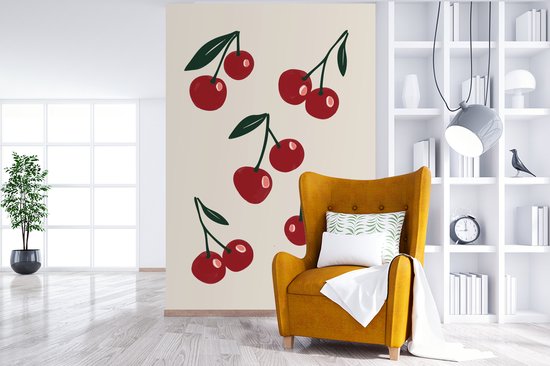 Behang - Fotobehang Kersen - Blaadjes - Rood - Breedte 195 cm x hoogte 300 cm