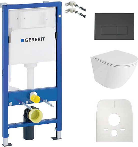 Complete set met Geberit inbouwreservoir, zwarte drukplaat, witte hangende toiletpot en montageonderdelen.