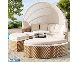 Gutent Tuin Loungestoel Set – Rotan – Shell Look – Intrekbare Luifel – Verhoogd Tafelblad – Beige – Inclusief alle kussens en zitkussens