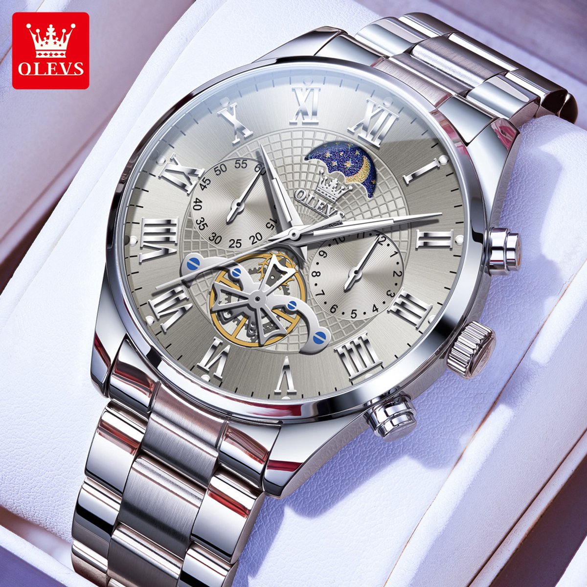 HO-3640.z-gy : Olevs zilverkl edelstaal chronografisch quartz horloge, grijze wijzerplaat, 2de tijdzone uren minuten maanfase -aanduiding