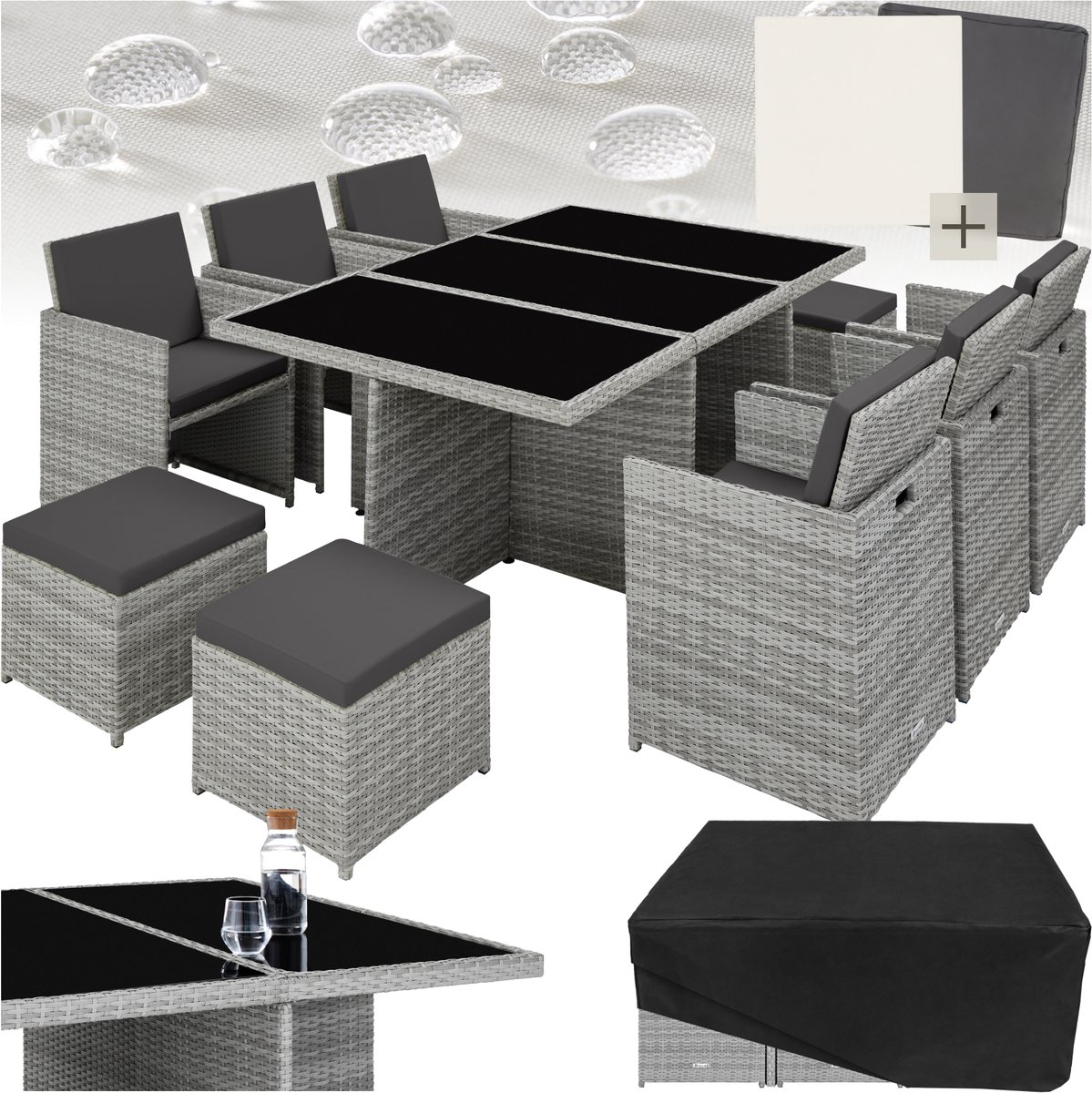 Wicker loungeset met 6 stoelen, 4 krukken en 1 tafel in lichtgrijs.