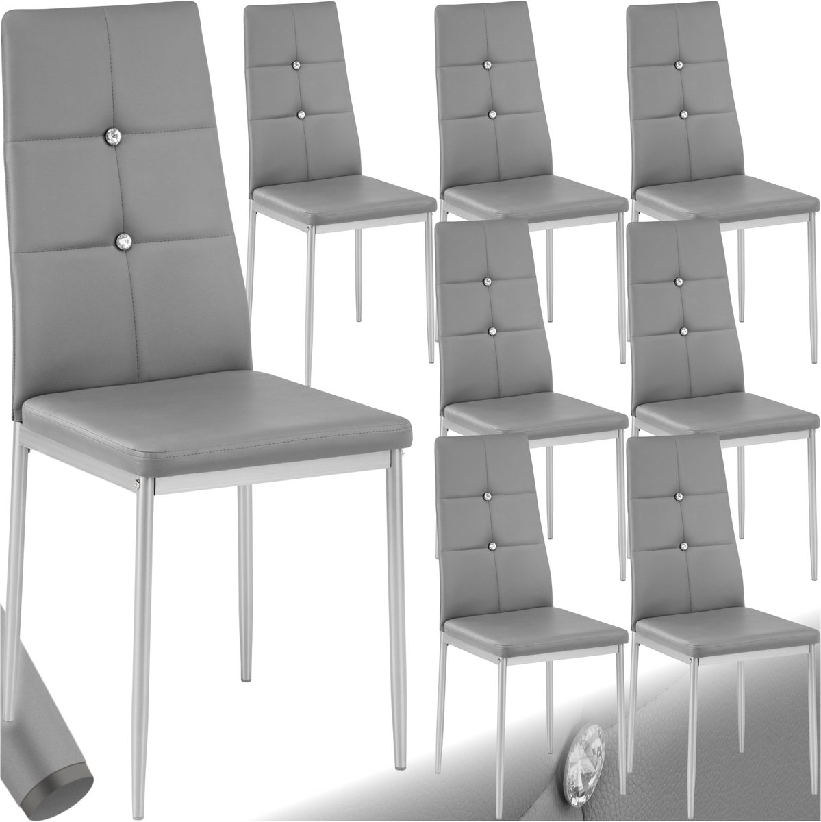 Tectake Set van eetkamerstoelen - Kunstleren stoelen met Strass-steentjes - Hoge rugleuning - Minimalistische, elegante stoel - Gering gewicht en eenvoudige montage - Afmetingen (LxBxH) 40 x 42 x 97 cm - Belastbaar tot 120 kg - Set van 8 - Grijs