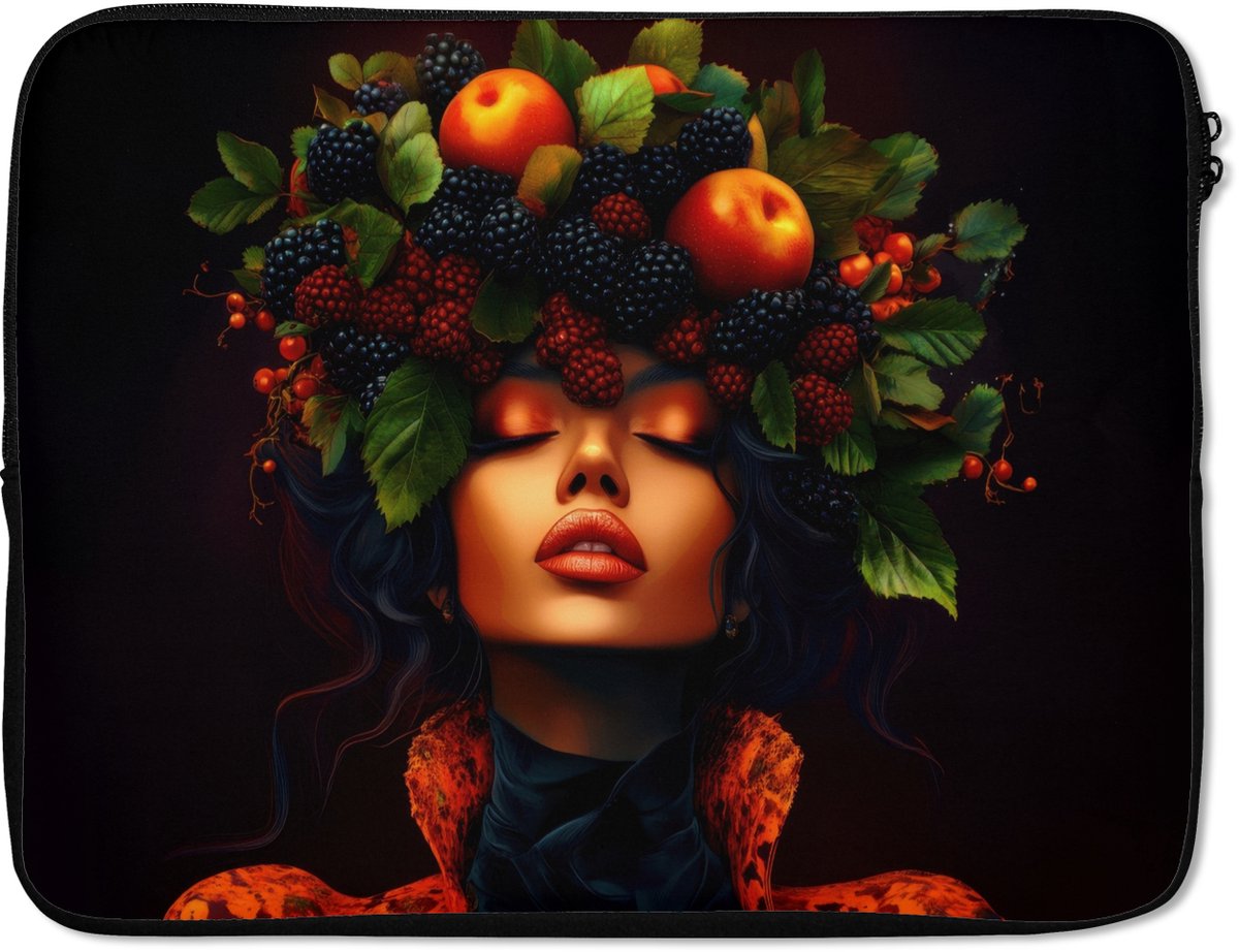 Laptophoes 15.6 inch - Vrouw - Zwart - Bessen - Bramen - Appels - Laptop sleeve - Binnenmaat 37x26 cm - Zwarte achterkant